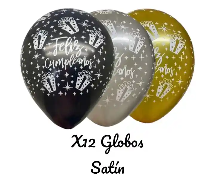 Globos En Látex R12 X12 Unidades Satín Feliz Cumpleaños Dorado, Plateado, Negro