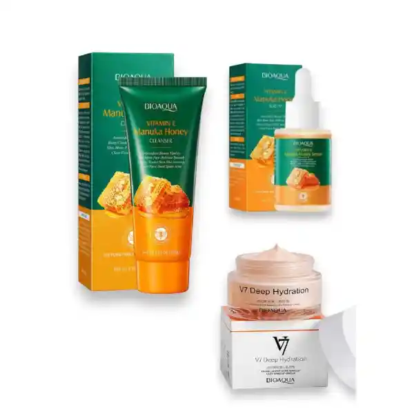 Combo Cuidado Facial Miel Multi-effect V7 X3 Unds,serum,jabon Y Crema