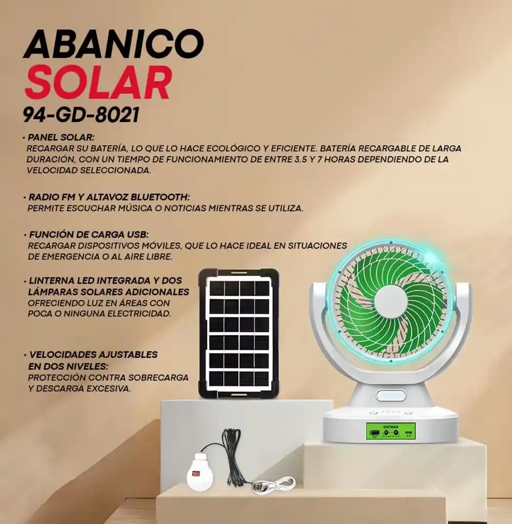 Ventilador Con Luz Y Parlante Bluetooth Fm De Mesa Con Panel Solar