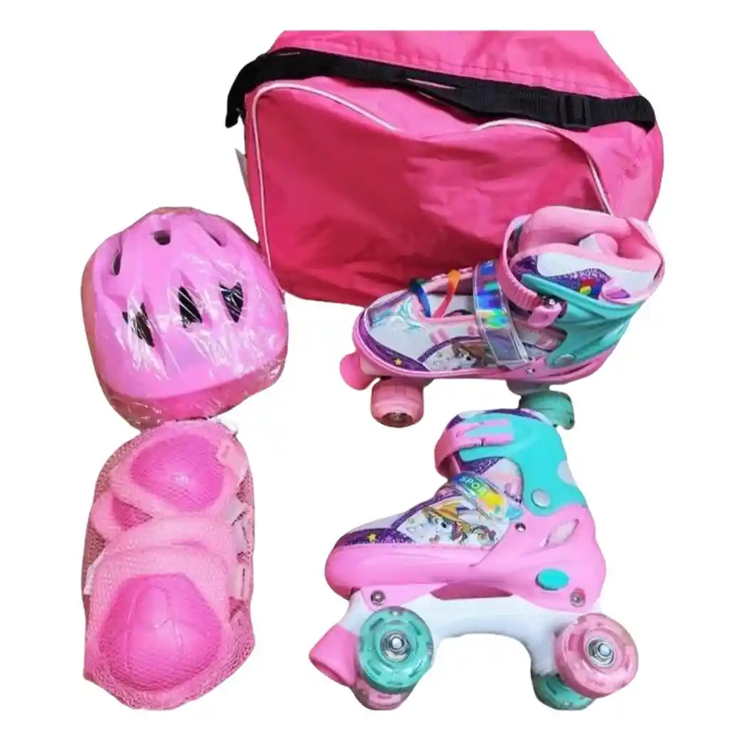 Kit Patines Sport Semiprofesionales 4 Ruedas Color Rosa.