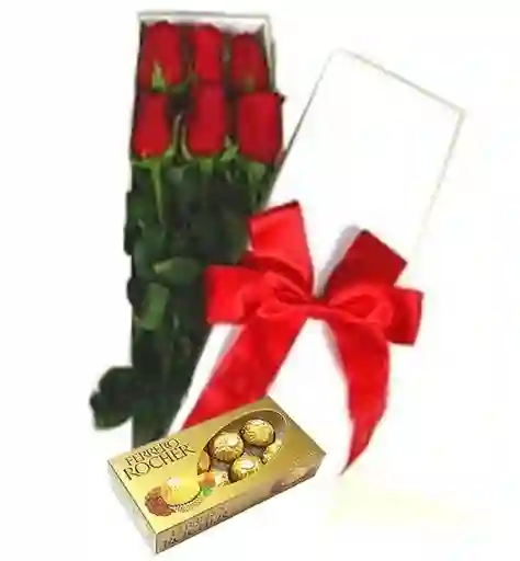 Caja Con 6 Rosas Rojas + Caja De Chocolates