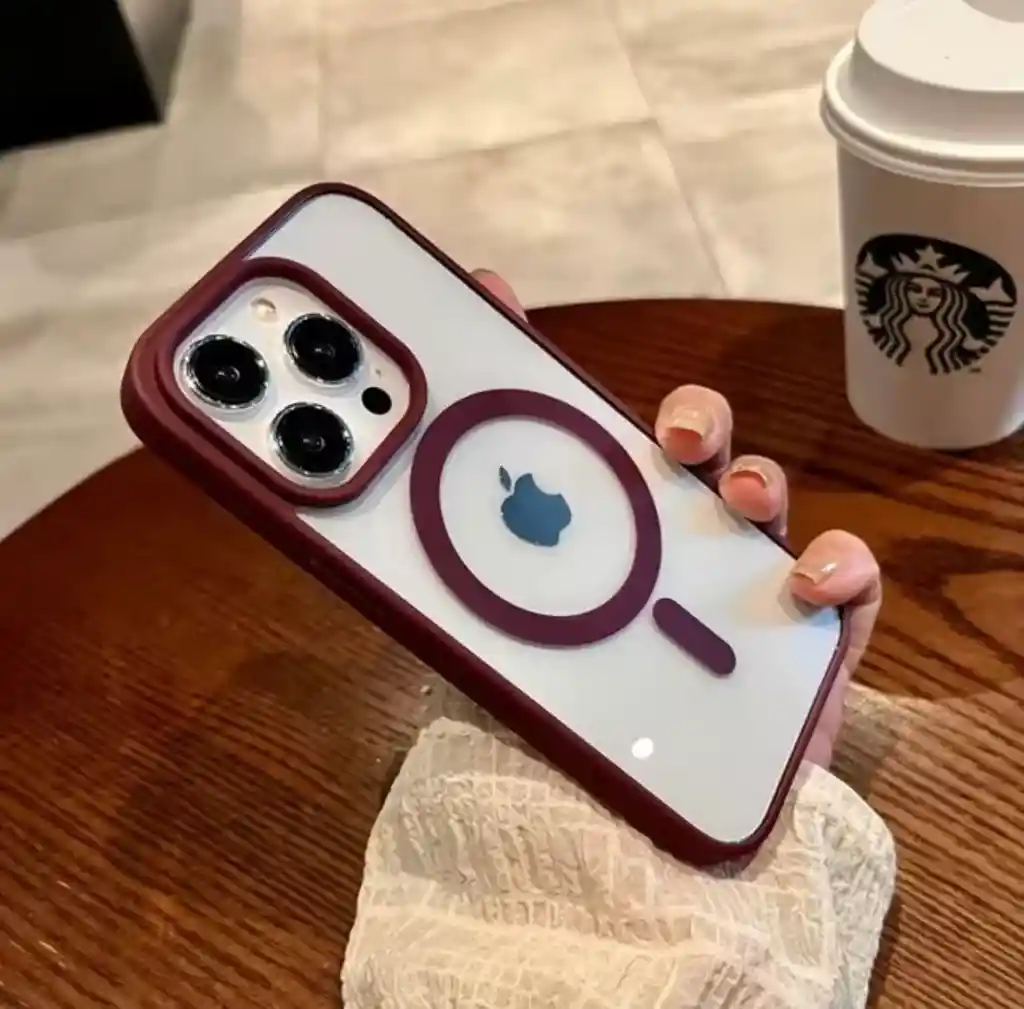 Case Magsafe Transparente Con Borde Vino Tinto Para Iphone 13/14