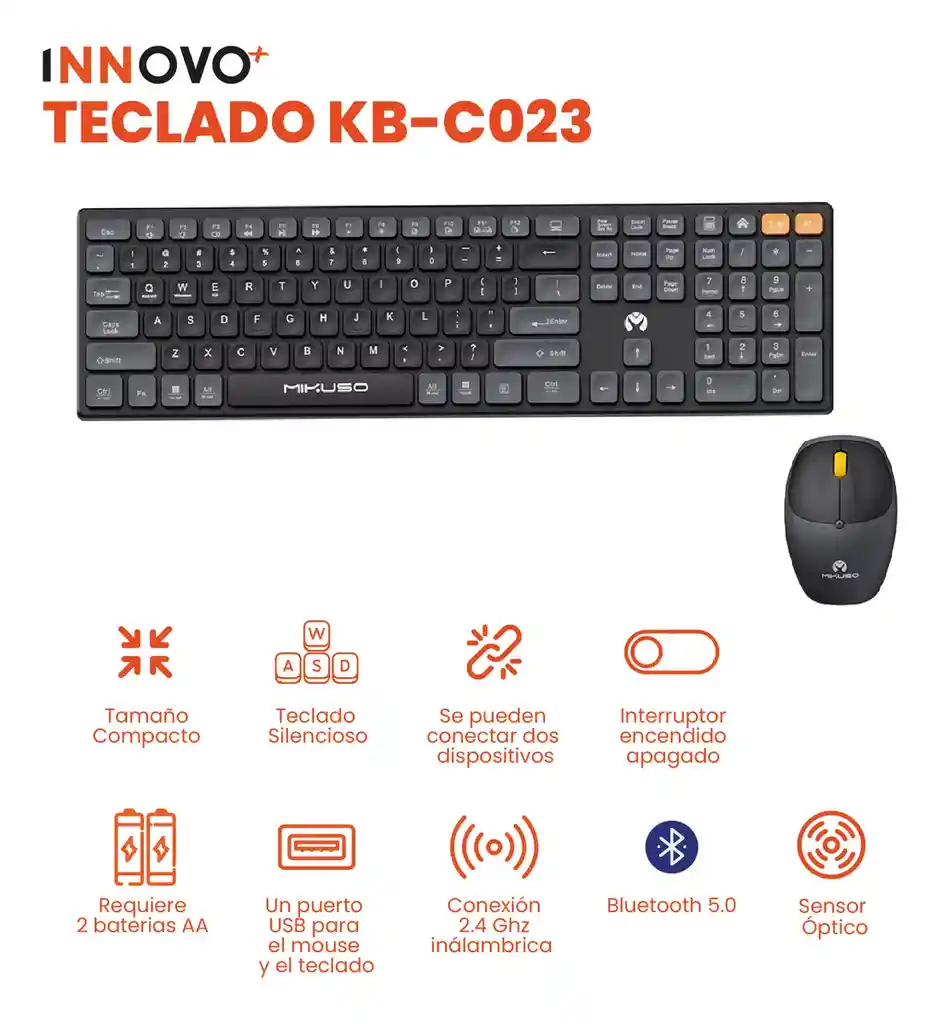 Teclado Para Pc Inalambrico Con Mouse Mikuso Black Edicion