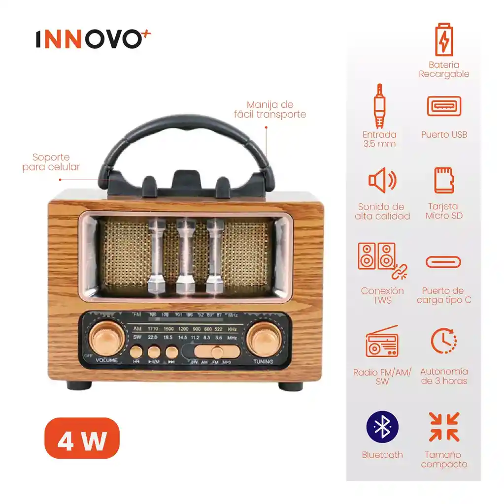 Radio Portable Recargable Retro Am Fm Tws Bluetooth Nns