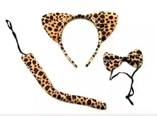 Diadema Gato O Leopardo+cola + Corbatín Disfraz Para Niños Y Adultos Halloween En Tela.