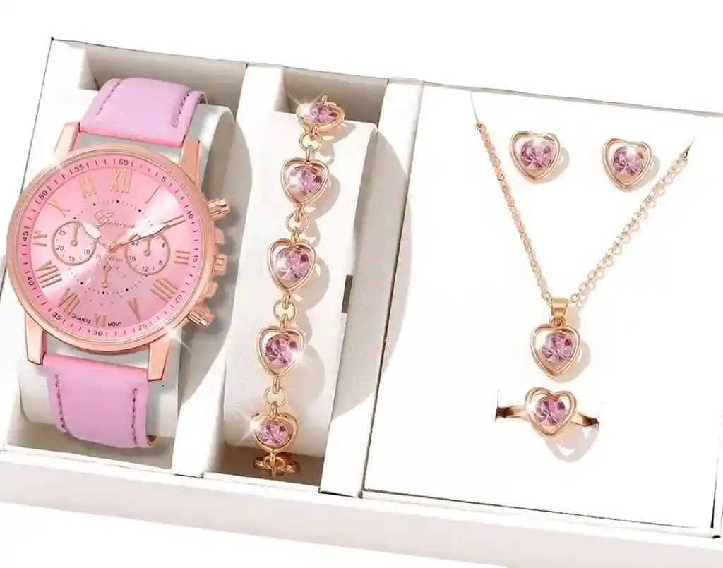 Kit Reloj Corazones Rosa Para Mujer + Juego De Collar Aretes