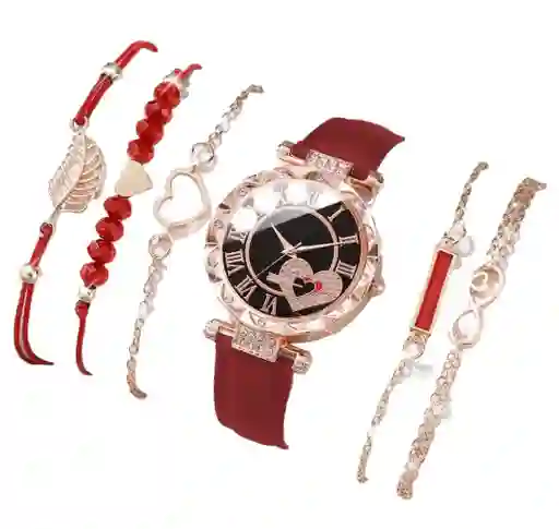 Set Reloj Rojo Para Mujer Reloj Dama Con Pulseras Kit