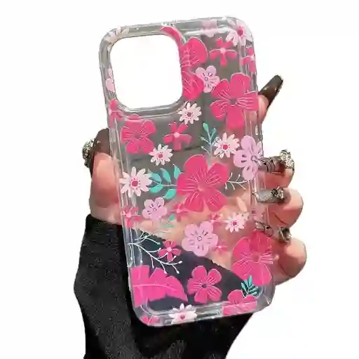 Forro Para Iphone 12 Transparente Flores Rosadas