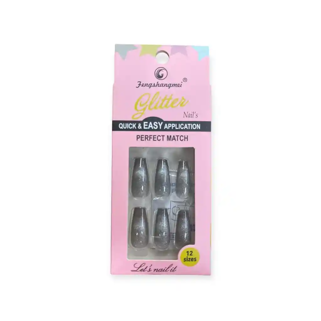 Uñas Decoradas Glitter X 12 Unds - Gris