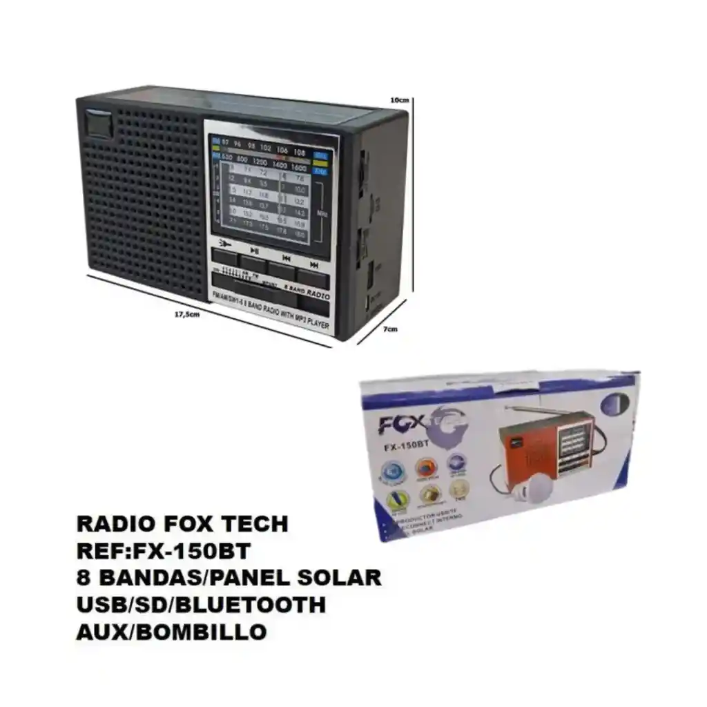 Radio Recargable Abuelo Am Fm / Sw / Multibandas / Usb / Bluetooth / Mp3 / Panel Solar / Linterna Led Fox Tech Fx-150bt