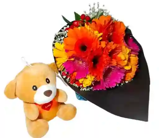 Flores,gerberas En Cono Negro Y Peluche