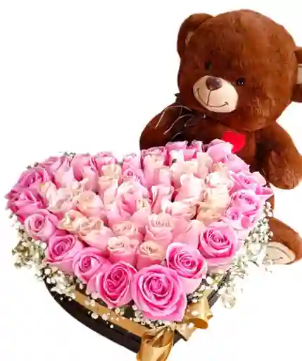 Rosas En Caja De Corazon, Con Peluche