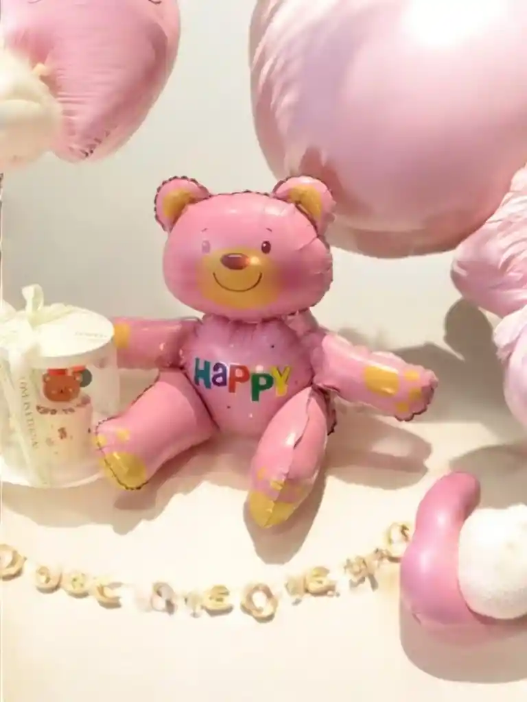 Globo Metalizado Oso Happy Rosado 3d