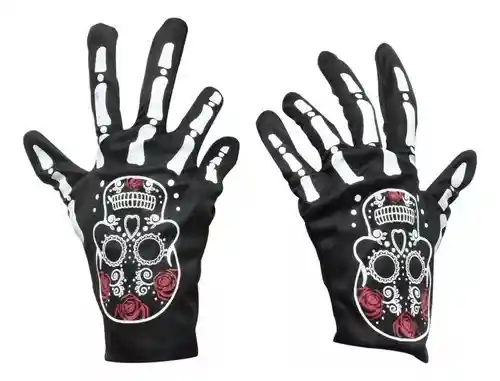 Guantes Tipo Tela Calavera Negro Y Blanco Disfraz Halloween