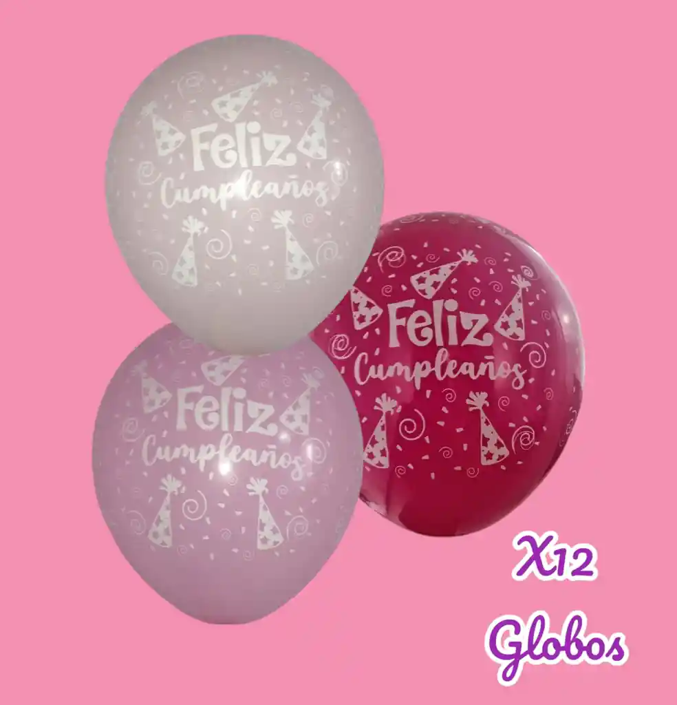 Globo Látex Feliz Cumpleaños Fucsia, Rosado, Rosado Pastel R12 / X12 Unidades