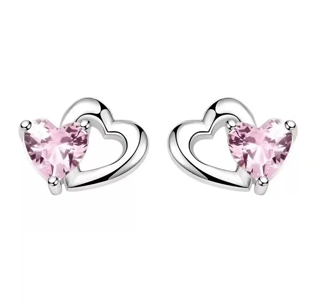 Aretes Corazón Cristal Rosado Para Mujer En Plata 925