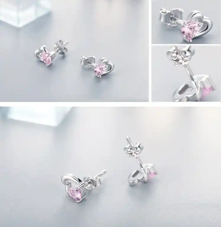 Aretes Corazón Cristal Rosado Para Mujer En Plata 925