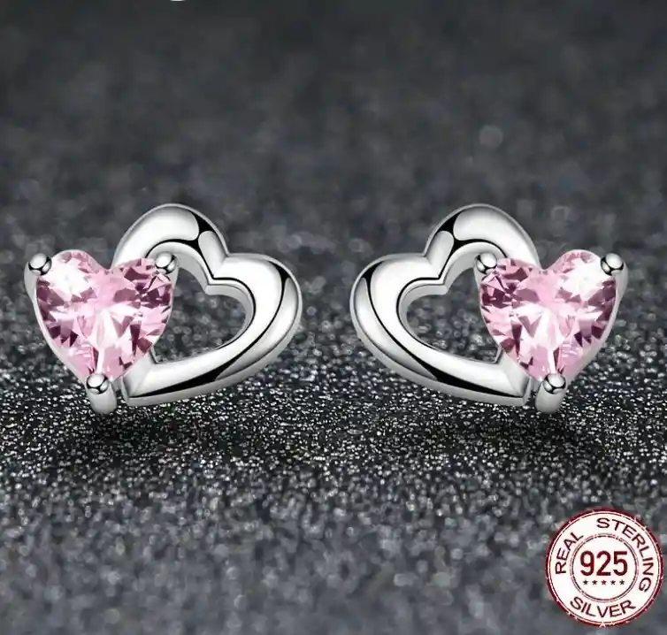 Aretes Corazón Cristal Rosado Para Mujer En Plata 925