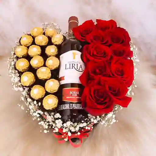 Caja De Rosas, Chocolates Y Botella De Vino