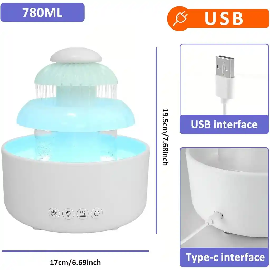 Humidificador Nube De Lluvia Fuente Agua Difusor De Aroma Luces Led