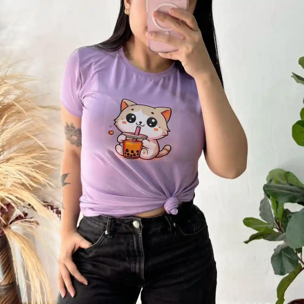 Camiseta Larga Cute Cat Lila Talla Única