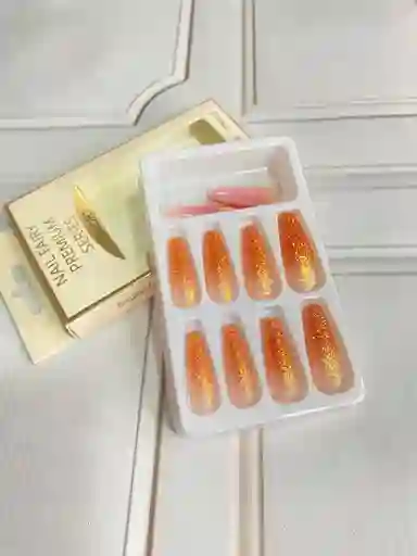 Kit Completo De Uñas Postizas Azucarada Larga Degrade Naranja - Uñas Press On Con Adhesivo - Ref 2