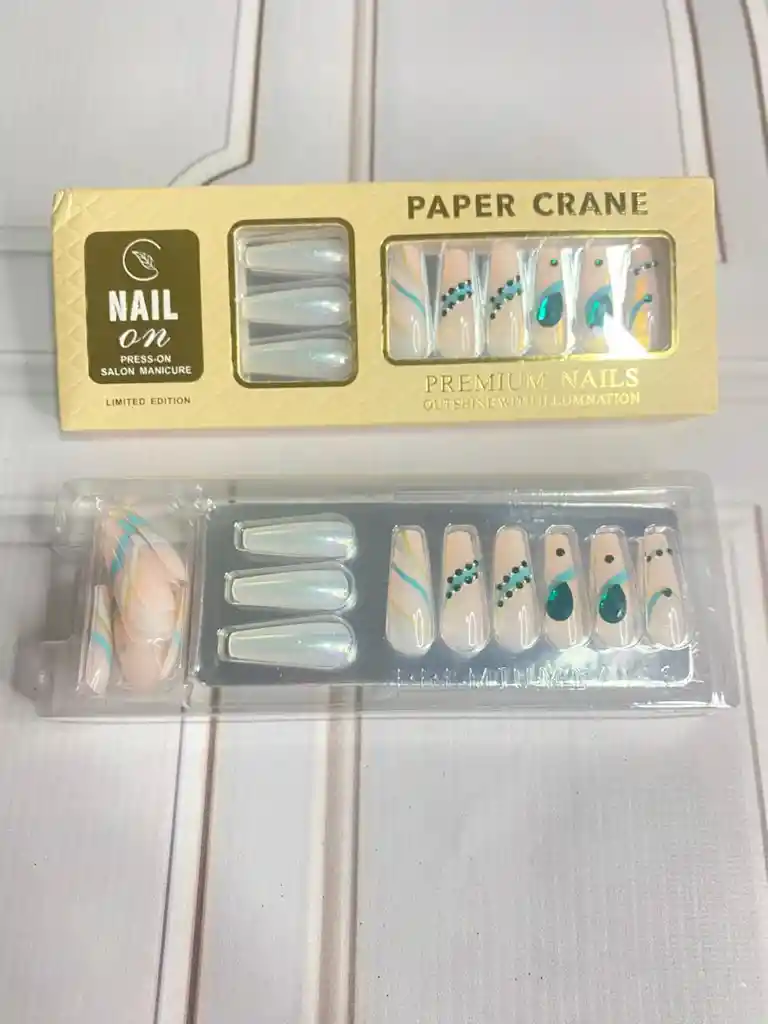 Kit Completo De Uñas Postizas Premium Paper Crane Decorada Natural Con Pedreria Verde - Uñas Press On Con Adhesivo - Ref 6