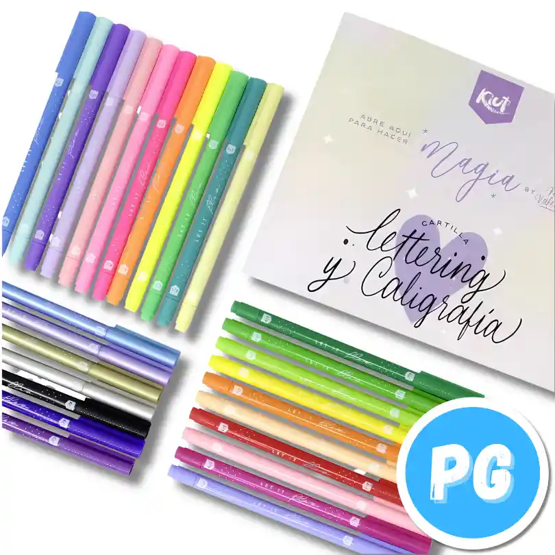 Kit De Aprendizaje Kiut Lettering 30 Marcadores + Cartilla Con Tips Y Ejercicios 4 Marcadores Neon Doblepunta 4 Marcadores Pastel Doblepunta 4 Marcadores Metalizados Doble Punta 18 Marcadores Surtidos Doble Punta (punta Pincel Y Punta Fina)