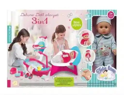 Juego De Muñecas 3 En 1 Bebé Con Bañera, Comedor Y Cama