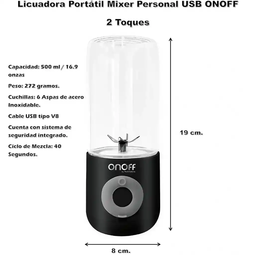 Licuadora Portatil Mixer Personal Usb 500 Ml 2 Toques Onoff