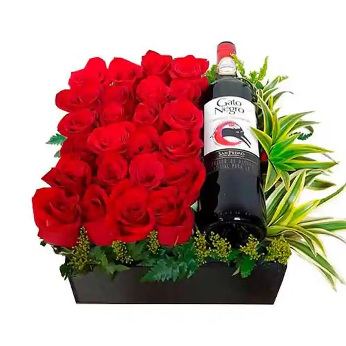 Caja Floral Con Rosas Y Vino Gato Negro + Tarjeta Personalizada