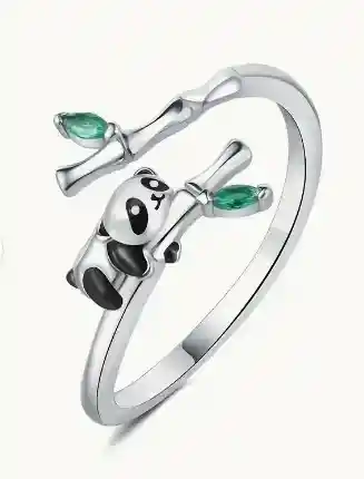 Anillo Panda Y Bambu Ajustable Plateado