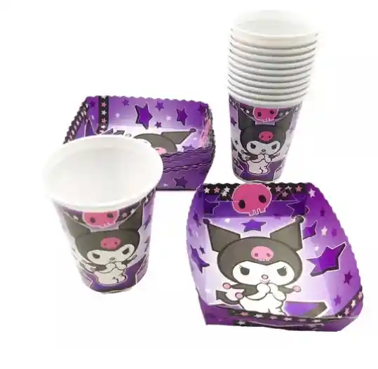 Kit 12 Vasos 12 Platos Decorativos Kuromi