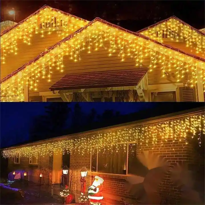 Luces De Navidad Cortina Lluvia Luz Cálida Amarilla 6x0.6m Extensión De Luz Decoración Navideña