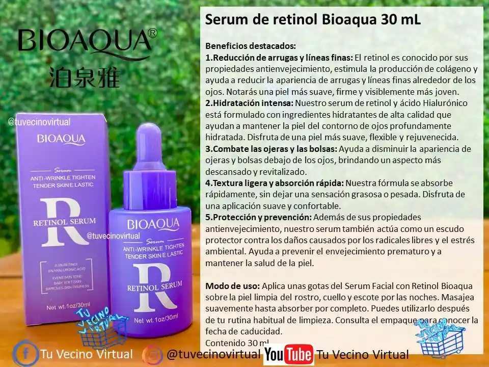 Serum De Retinol 30 Ml Y Serum De Hidratación Intensiva Ácido Hialurónico Bioaqua 30 Ml