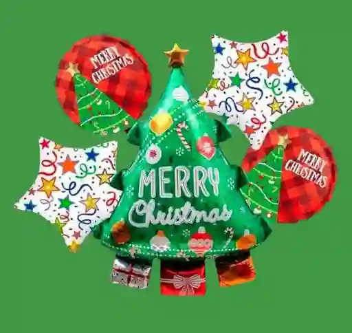 Bouquet X5 Globos Metálizados Árbol De Navidad Merry Christmas