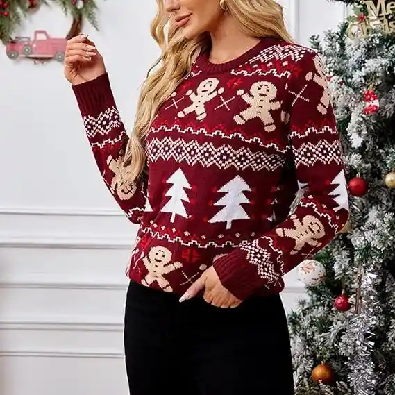 Saco Rojo Navideño Buzo Galletas De Lana Para Adulto Tejido De Alta Calidad Alegría Navideña Talla S/m/l/xl