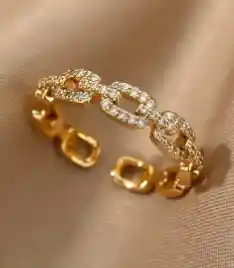 Anillo Tipo Argolla Abierta Cadena Con Circonita Dorado