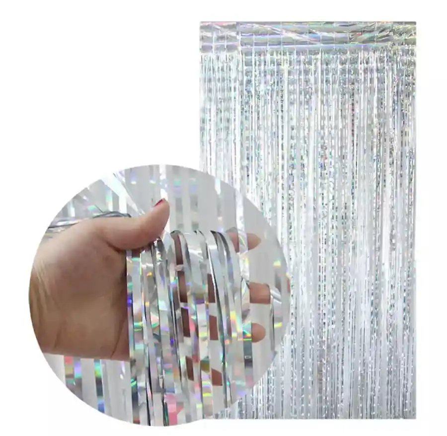 Cortina De Tiras Metalizada Plateada Cumpleaños Halloween Carnava Navidad