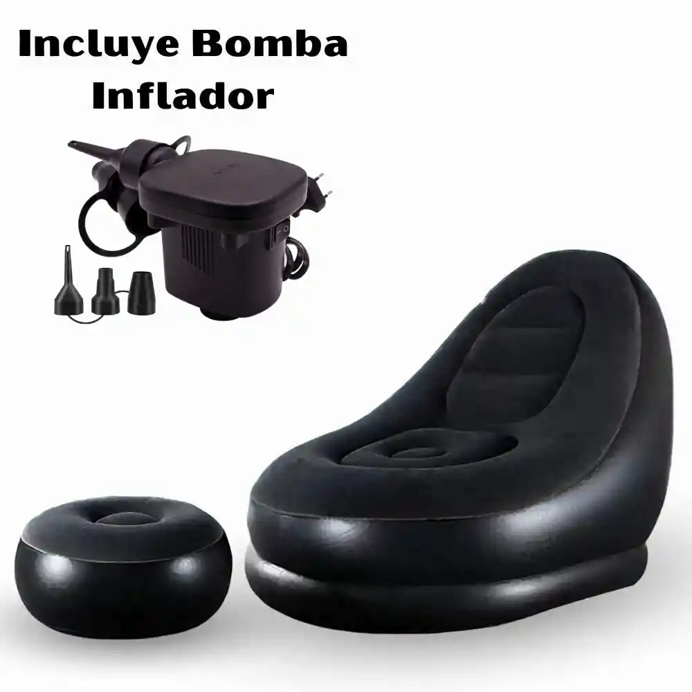 Sofa Sillon Inflable Con Posapies Portatil + Bomba Inflador Negro