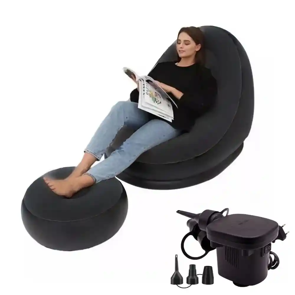 Sofa Sillon Inflable Con Posapies Portatil + Bomba Inflador Negro