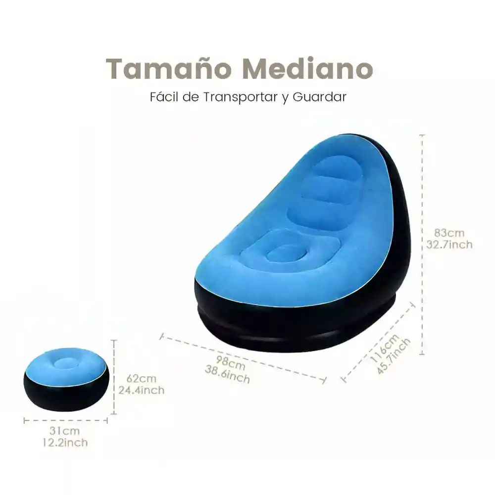 Sofa Sillon Inflable Con Posapies Portatil + Bomba Inflador Azul