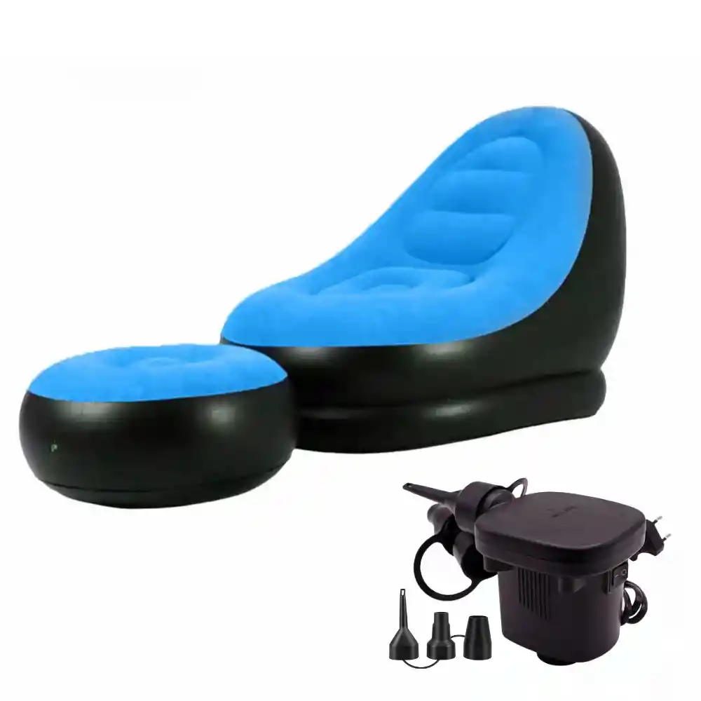 Sofa Sillon Inflable Con Posapies Portatil + Bomba Inflador Azul