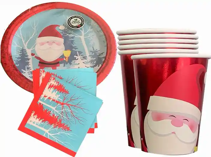 Kit Fiesta Vasos, Platos Y Servilletas Navidad Papá Noel - Sin Plástico