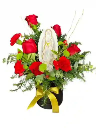 Caja De Flores Rojas Y Virgen