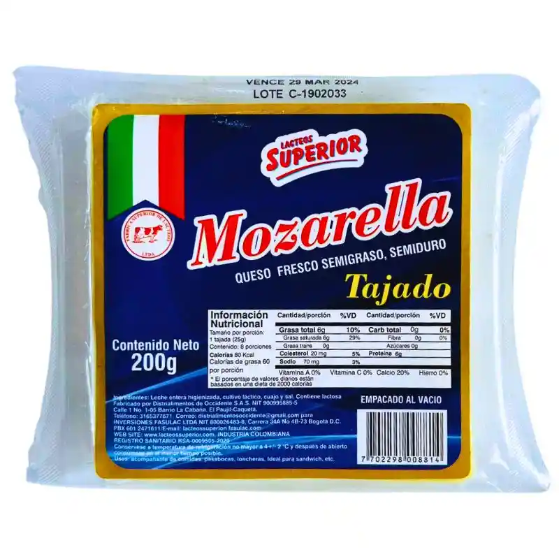 Queso Mozarella La Superior Tajado X 200 Gr