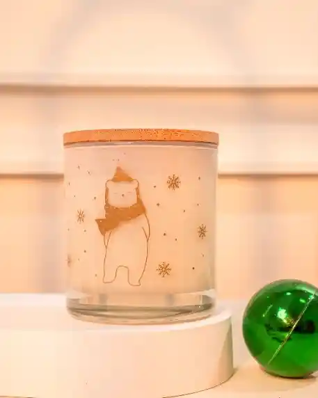 Vela En Vaso 2 Pabilos Con Diseño Osos Dorados Navidad