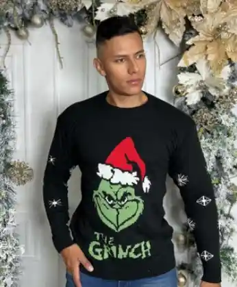 Saco Negro Talla L Grinch Con Copos Navideño Lana Tejido Navidad