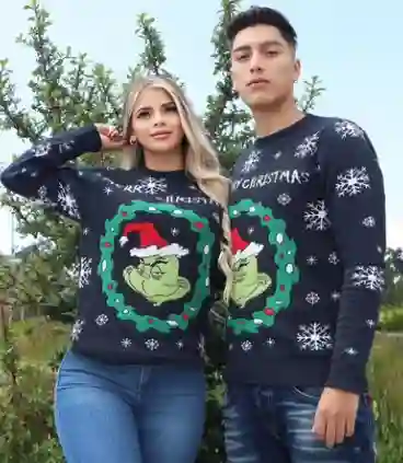 Saco Negro Talla M Grinch Corona Navideño Lana Tejido