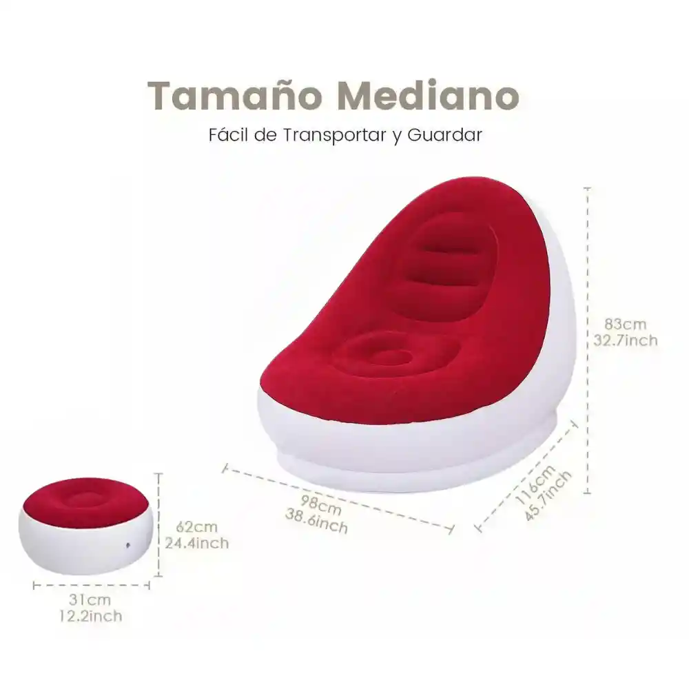 Sofa Sillon Inflable Con Posapies Portatil + Bomba Inflador Rojo Con Blanco